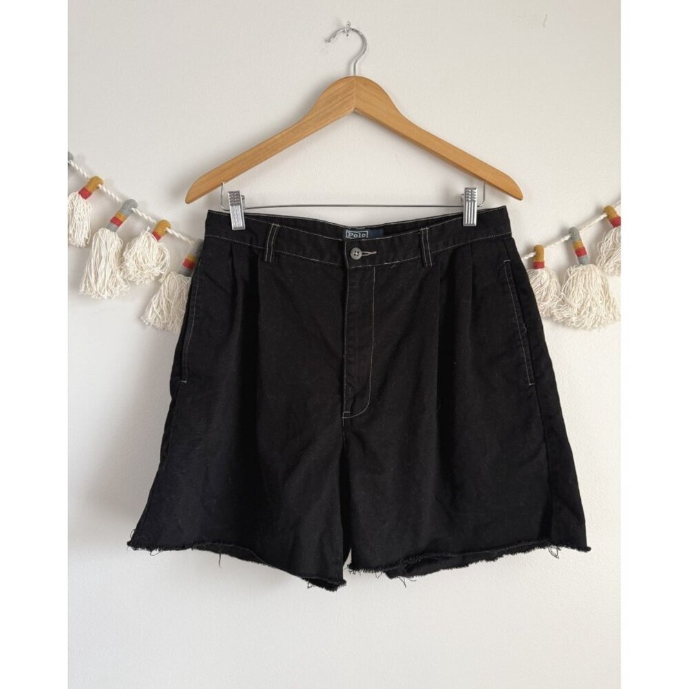 Vintage Polo Ralph Lauren Black Chino Cotton Cuff Off Pleated Shorts Baggy 28